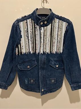 Mod x Women’s Dark Blue Multi-color Sequin Denim Jacket. Size Small